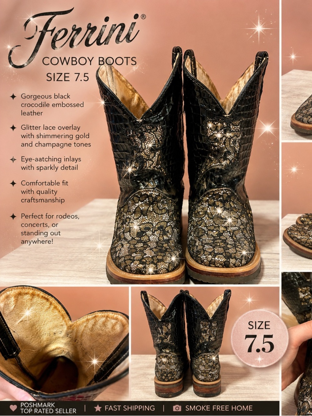 Ferrini Black & Gold Embossed Kids Cowboy Boots
